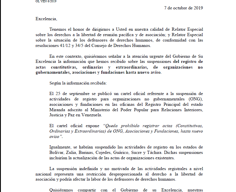 Comunicación de Relatores Especiales al gobierno.